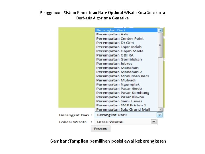 Penggunaan Sistem Penentuan Rute Optimal Wisata Kota Surakarta Berbasis Algoritma Genetika Gambar : Tampilan