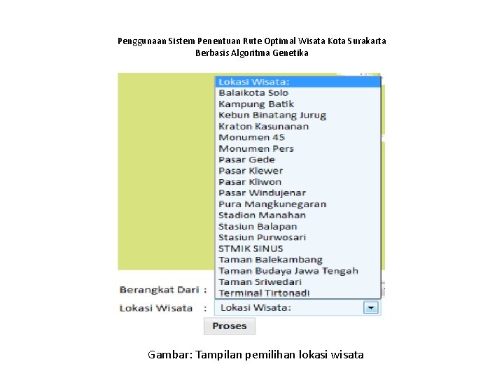 Penggunaan Sistem Penentuan Rute Optimal Wisata Kota Surakarta Berbasis Algoritma Genetika Gambar: Tampilan pemilihan