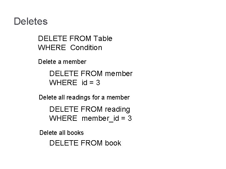Deletes DELETE FROM Table WHERE Condition Delete a member DELETE FROM member WHERE id