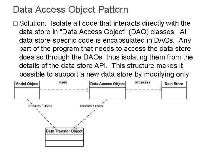 Data Access Object Pattern � Solution: Isolate all code that interacts directly with the