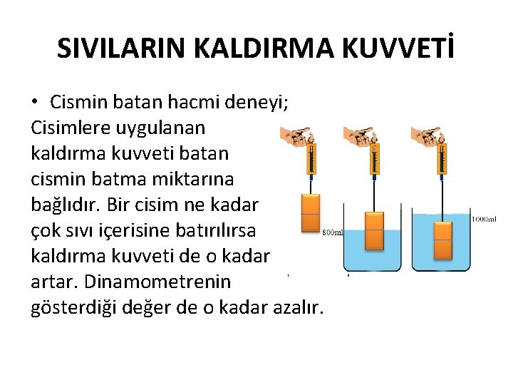 SIVILARIN KALDIRMA KUVVETİ • Cismin batan hacmi deneyi; Cisimlere uygulanan kaldırma kuvveti batan cismin