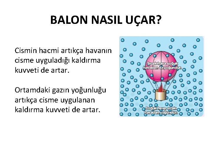 BALON NASIL UÇAR? Cismin hacmi artıkça havanın cisme uyguladığı kaldırma kuvveti de artar. Ortamdaki