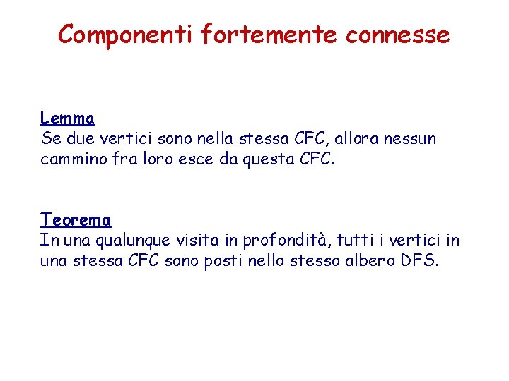 Componenti fortemente connesse Lemma Se due vertici sono nella stessa CFC, allora nessun cammino