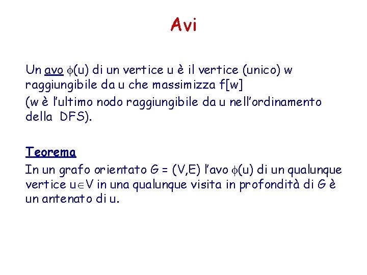 Avi Un avo (u) di un vertice u è il vertice (unico) w raggiungibile