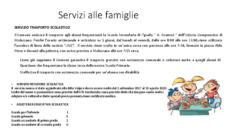 Servizi alle famiglie SERVIZIO TRASPORTO SCOLASTICO Il Comune assicura il trasporto agli alunni frequentanti