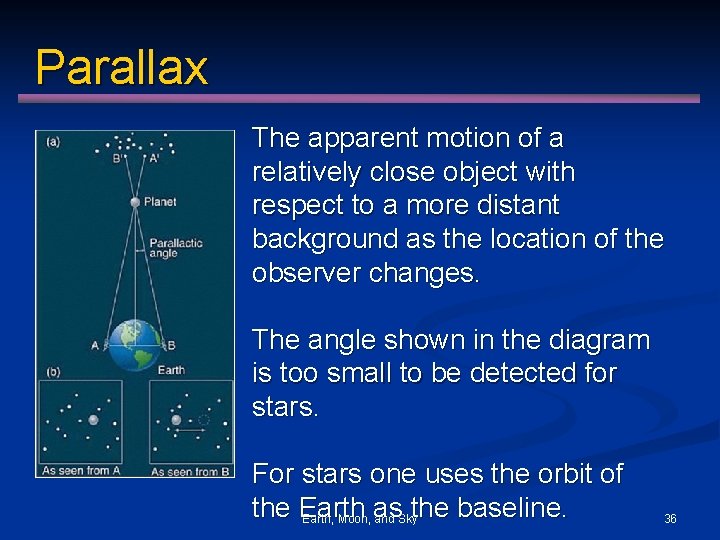 Parallax The apparent motion of a relatively close object with respect to a more