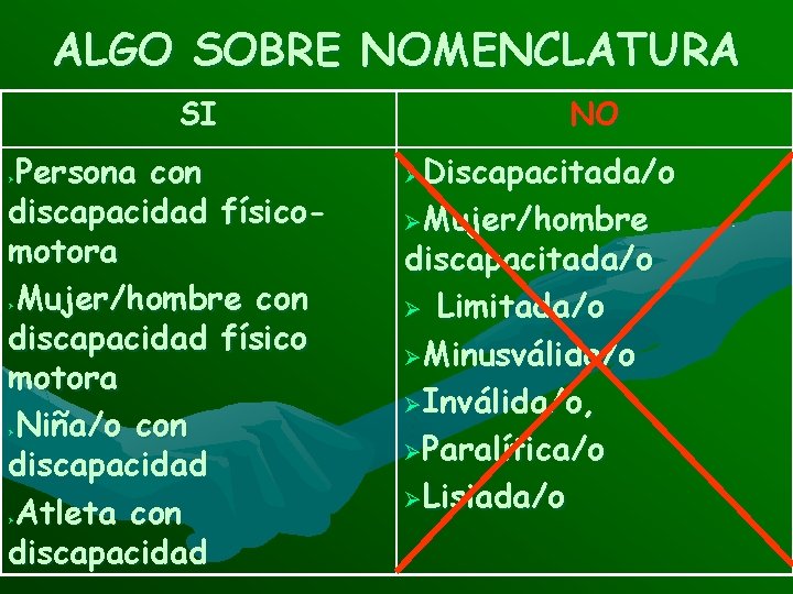 ALGO SOBRE NOMENCLATURA SI Persona con discapacidad físicomotora Mujer/hombre con discapacidad físico motora Niña/o