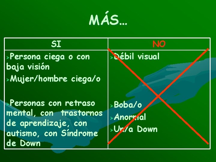 MÁS… SI ØPersona ciega o con baja visión ØMujer/hombre ciega/o Personas con retraso mental,