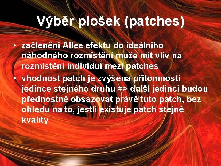 Výběr plošek (patches) • začlenění Allee efektu do ideálního náhodného rozmístění může mít vliv