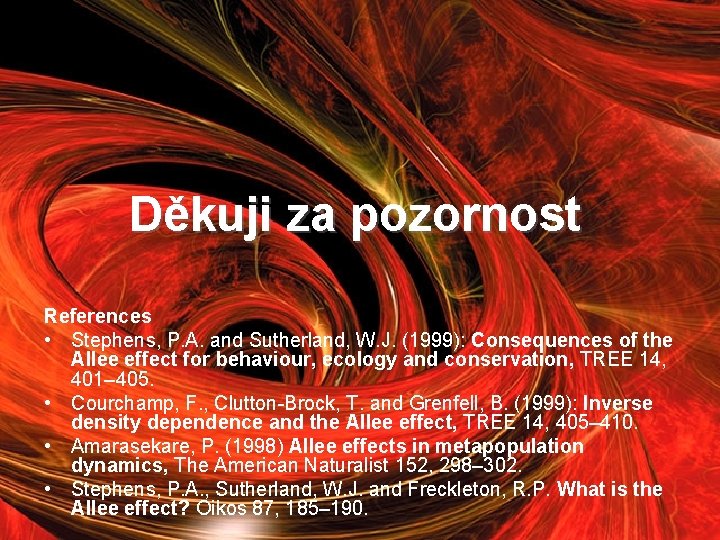 Děkuji za pozornost References • Stephens, P. A. and Sutherland, W. J. (1999): Consequences