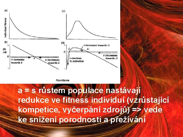 a = s růstem populace nastávají redukce ve fitness individuí (vzrůstající kompetice, vyčerpání zdrojů)