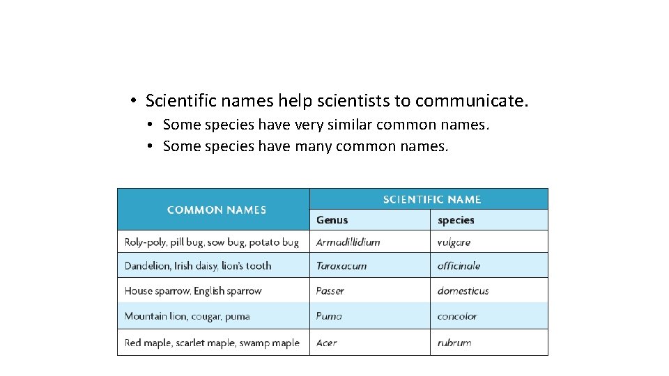  • Scientific names help scientists to communicate. • Some species have very similar