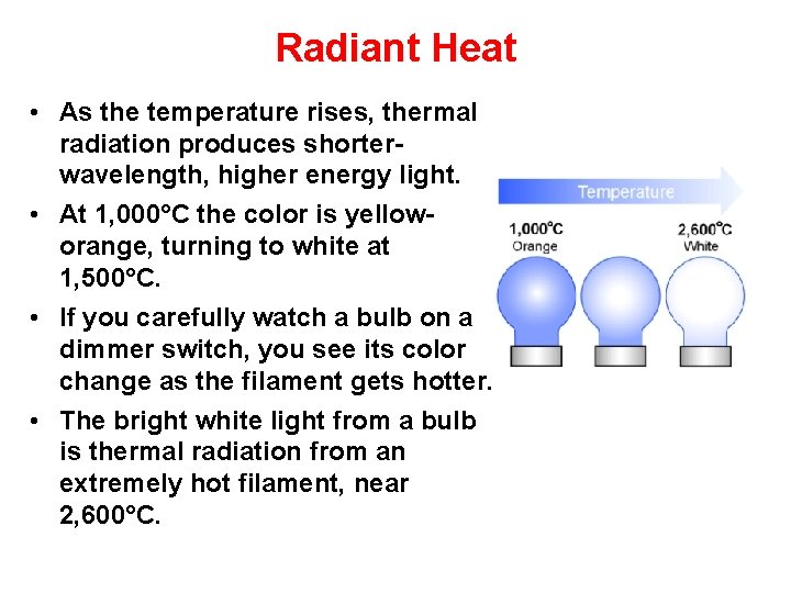 Radiant Heat • As the temperature rises, thermal radiation produces shorterwavelength, higher energy light.