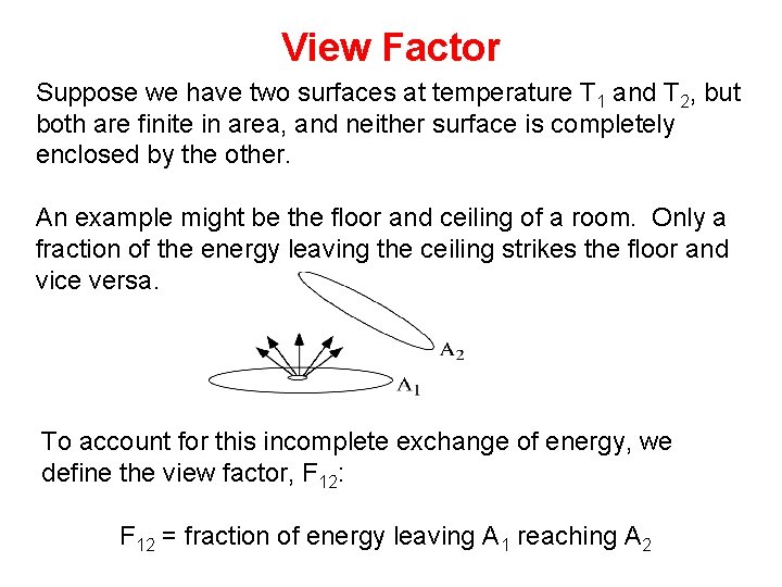 View Factor Suppose we have two surfaces at temperature T 1 and T 2,