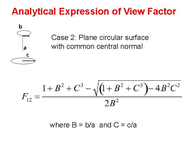 Analytical Expression of View Factor b a c Case 2: Plane circular surface with
