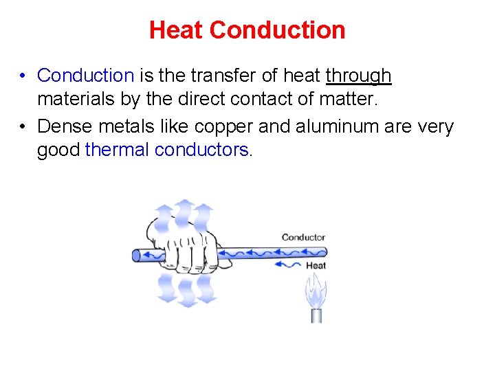 Heat Conduction • Conduction is the transfer of heat through materials by the direct