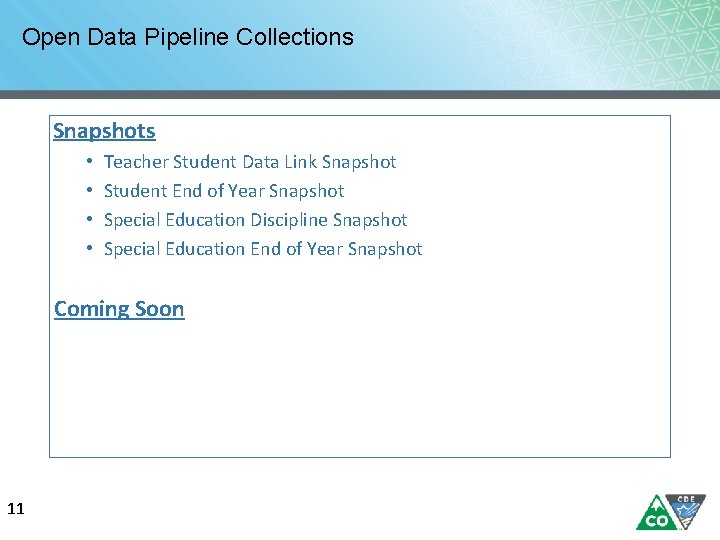 Open Data Pipeline Collections Snapshots • • Teacher Student Data Link Snapshot Student End