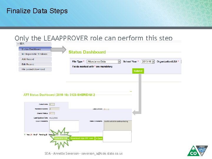 Finalize Data Steps Only the LEAAPPROVER role can perform this step SDA - Annette