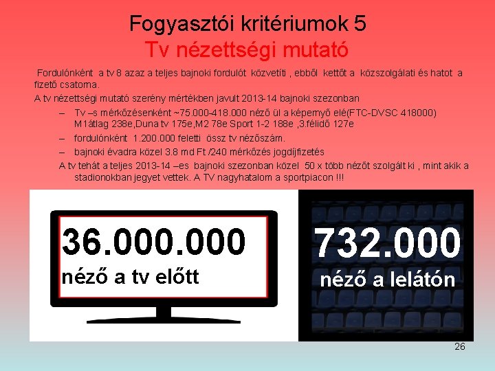 Fogyasztói kritériumok 5 Tv nézettségi mutató Fordulónként a tv 8 azaz a teljes bajnoki