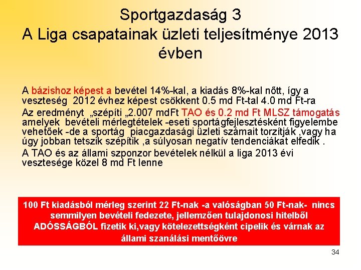 Sportgazdaság 3 A Liga csapatainak üzleti teljesítménye 2013 évben A bázishoz képest a bevétel