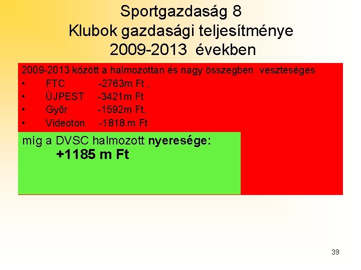 Sportgazdaság 8 Klubok gazdasági teljesítménye 2009 -2013 években 2009 -2013 között a halmozottan és