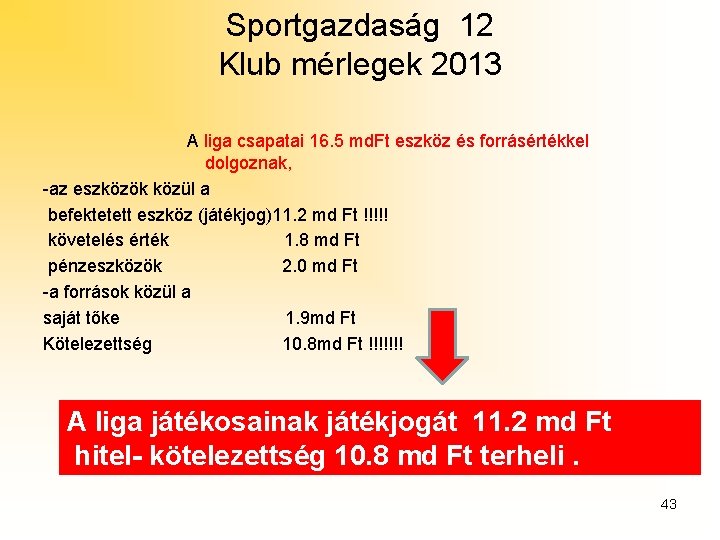 Sportgazdaság 12 Klub mérlegek 2013 A liga csapatai 16. 5 md. Ft eszköz és