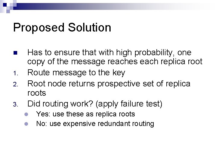 Proposed Solution n 1. 2. 3. Has to ensure that with high probability, one