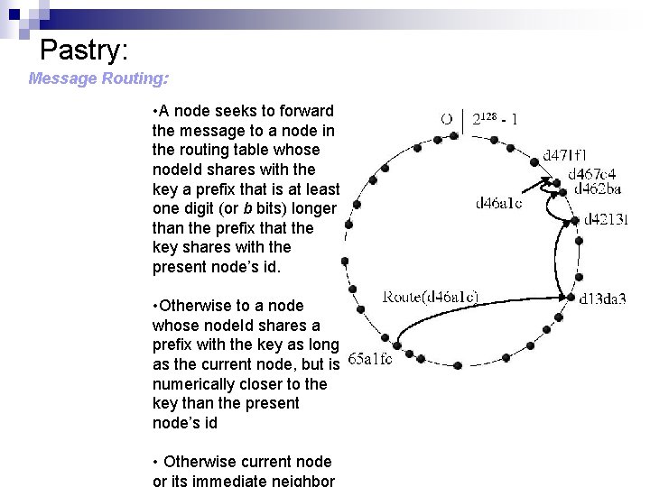 Pastry: Message Routing: • A node seeks to forward the message to a node