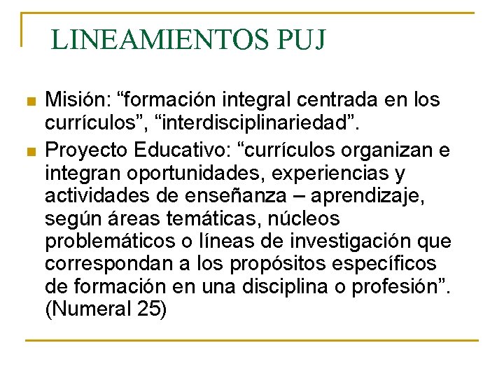 LINEAMIENTOS PUJ n n Misión: “formación integral centrada en los currículos”, “interdisciplinariedad”. Proyecto Educativo: