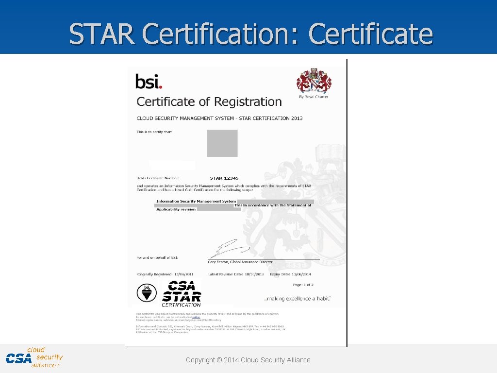 STAR Certification: Certificate Copyright © © 2011 2014 Cloud Security Alliance www. cloudsecurityalliance. org