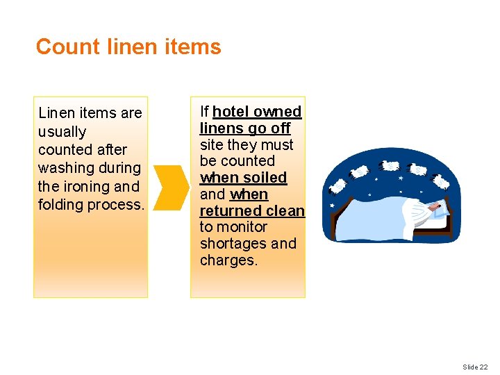 Count linen items Linen items are usually counted after washing during the ironing and