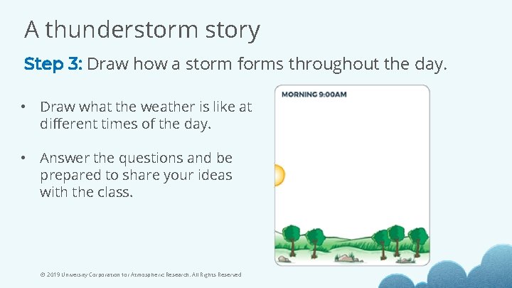 A thunderstorm story Step 3: Draw how a storm forms throughout the day. •