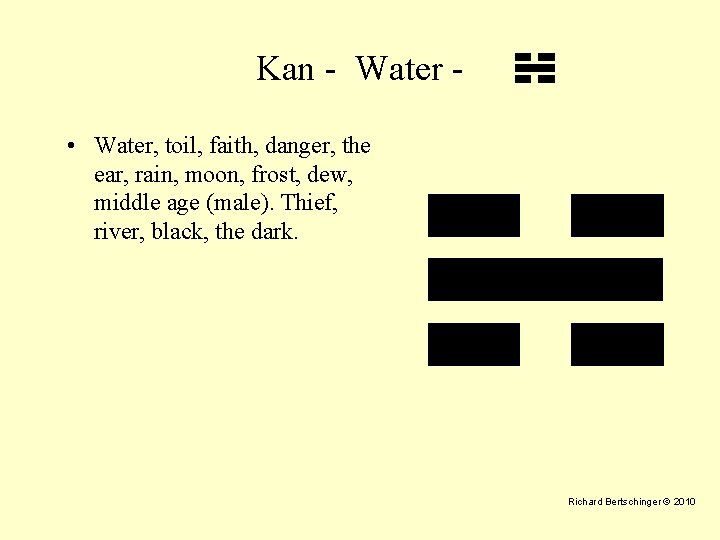 Kan - Water • Water, toil, faith, danger, the ear, rain, moon, frost, dew,