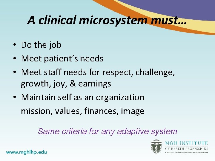 A clinical microsystem must… • Do the job • Meet patient’s needs • Meet