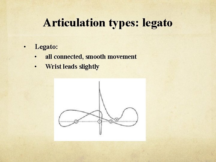 Articulation types: legato • Legato: • • all connected, smooth movement Wrist leads slightly