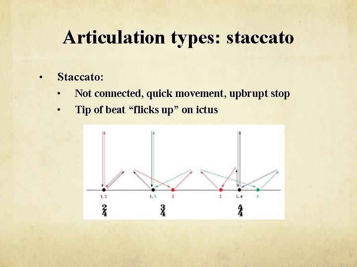 Articulation types: staccato • Staccato: • • Not connected, quick movement, upbrupt stop Tip