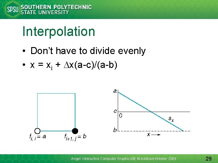 Interpolation • Don’t have to divide evenly • x = xi + x(a-c)/(a-b) Angel: