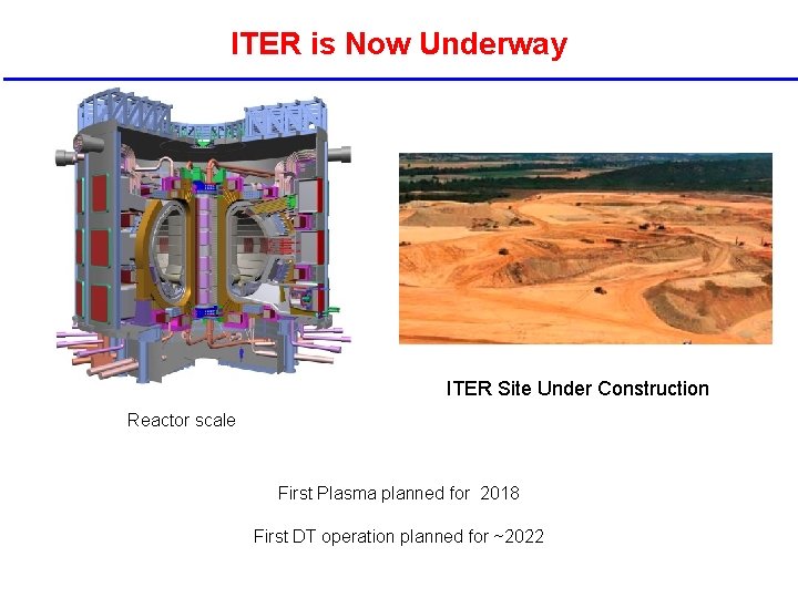 ITER is Now Underway ITER Site Under Construction Reactor scale First Plasma planned for ITER is Now Underway ITER Site Under Construction Reactor scale First Plasma planned for