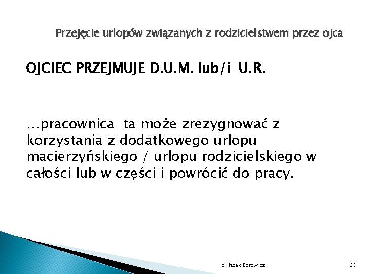 Przejęcie urlopów związanych z rodzicielstwem przez ojca OJCIEC PRZEJMUJE D. U. M. lub/i U.