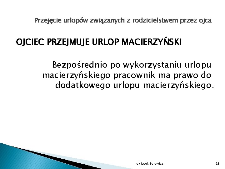 Przejęcie urlopów związanych z rodzicielstwem przez ojca OJCIEC PRZEJMUJE URLOP MACIERZYŃSKI Bezpośrednio po wykorzystaniu