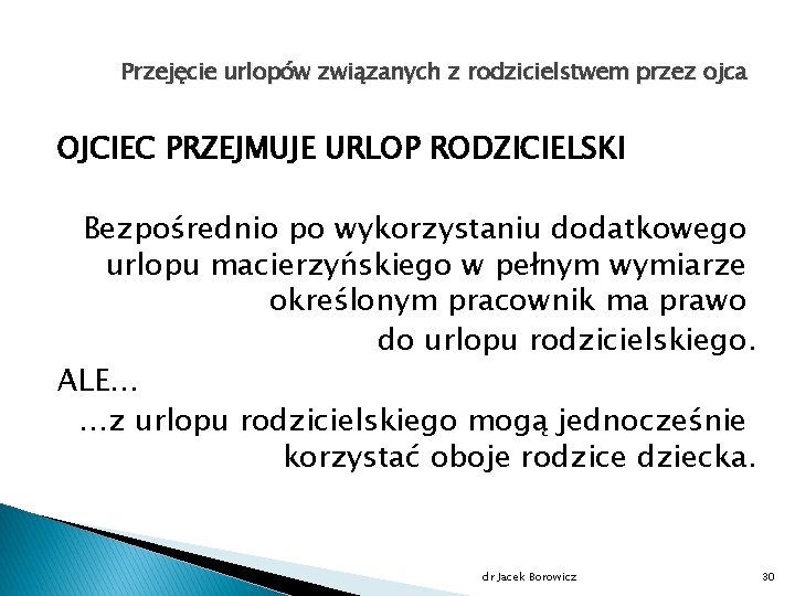 Przejęcie urlopów związanych z rodzicielstwem przez ojca OJCIEC PRZEJMUJE URLOP RODZICIELSKI Bezpośrednio po wykorzystaniu