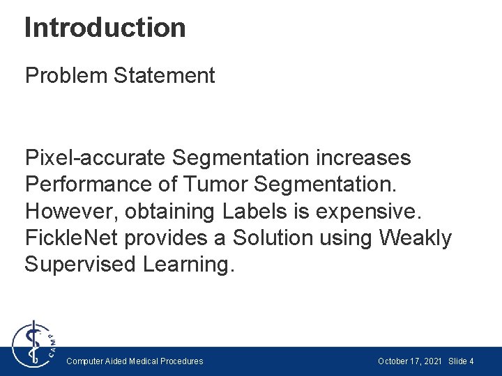 Introduction Problem Statement Pixel-accurate Segmentation increases Performance of Tumor Segmentation. However, obtaining Labels is