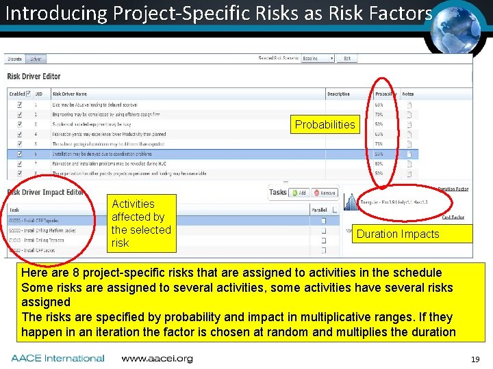 Introducing Project-Specific Risks as Risk Factors Probabilities Activities affected by the selected risk Duration Introducing Project-Specific Risks as Risk Factors Probabilities Activities affected by the selected risk Duration