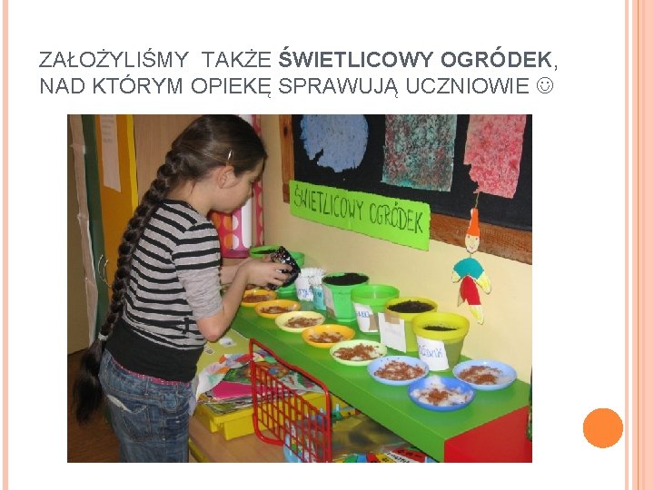 ZAŁOŻYLIŚMY TAKŻE ŚWIETLICOWY OGRÓDEK, NAD KTÓRYM OPIEKĘ SPRAWUJĄ UCZNIOWIE 