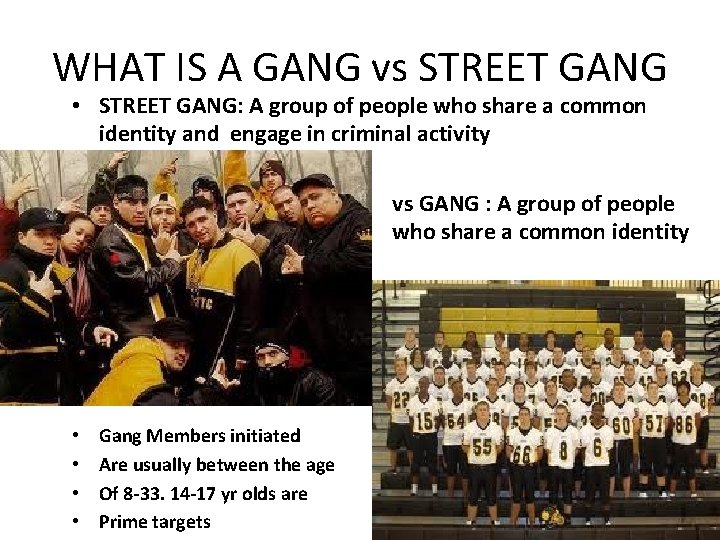 WHAT IS A GANG vs STREET GANG • STREET GANG: A group of people
