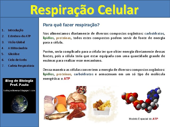 Respiração Celular Para quê fazer respiração? 1. Introdução 2. Estrutura do ATP 3. Visão