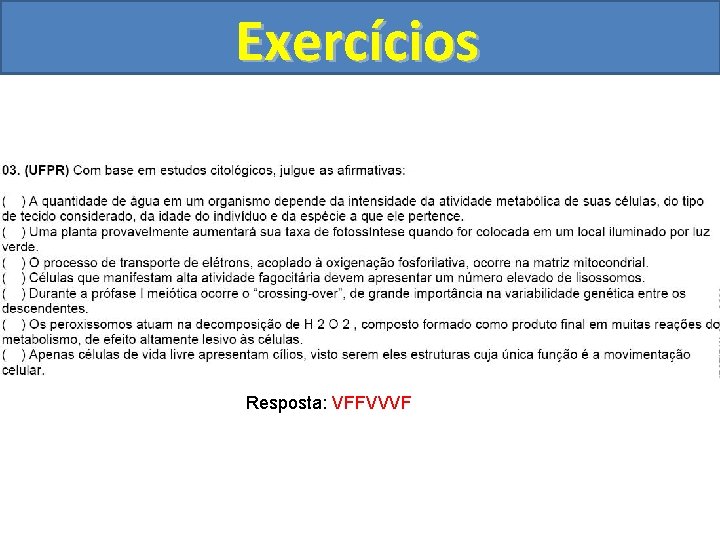 Exercícios I II Resposta: VFFVVVF 