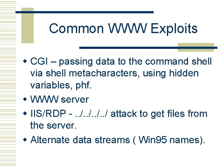 Common WWW Exploits w CGI – passing data to the command shell via shell