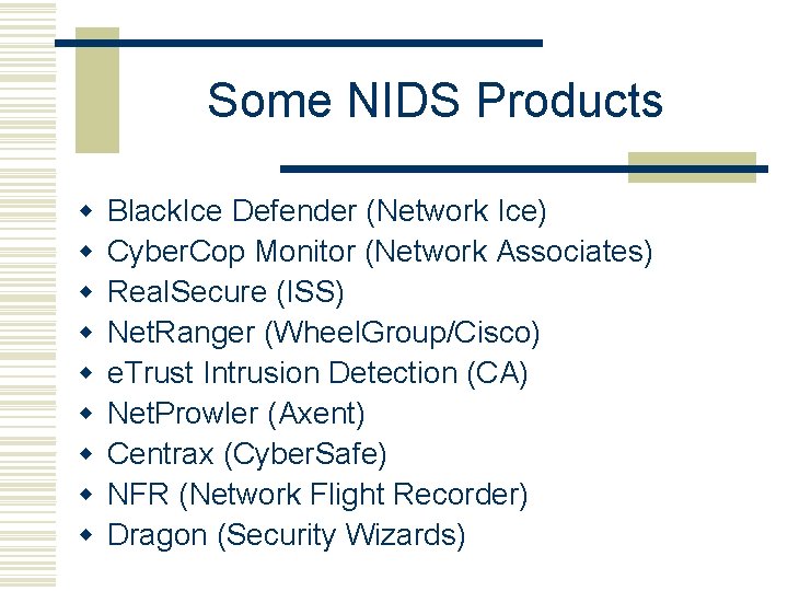 Some NIDS Products w w w w w Black. Ice Defender (Network Ice) Cyber.