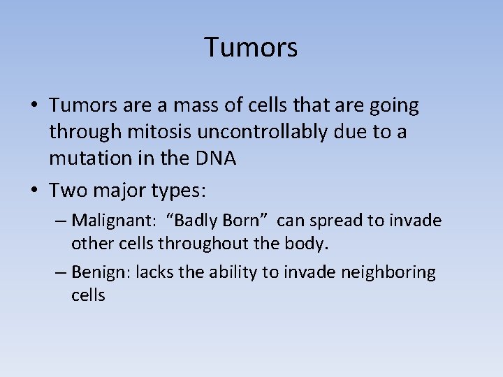 Tumors • Tumors are a mass of cells that are going through mitosis uncontrollably